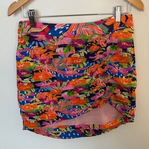 Rococo Sand Ruched Mini Skirt | Size M | Tropical Print | Asymmetrical